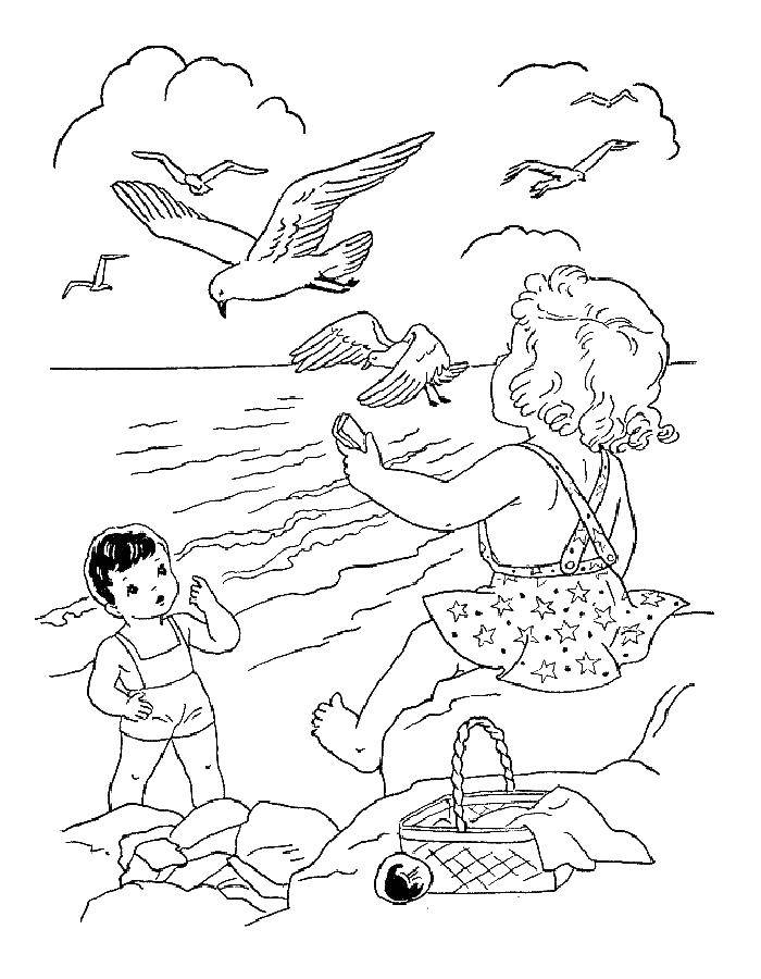 Раскраска У детей пикник на пляже Скачать пляж, море, песок, пикник, дети.  Распечатать ,Пляж,