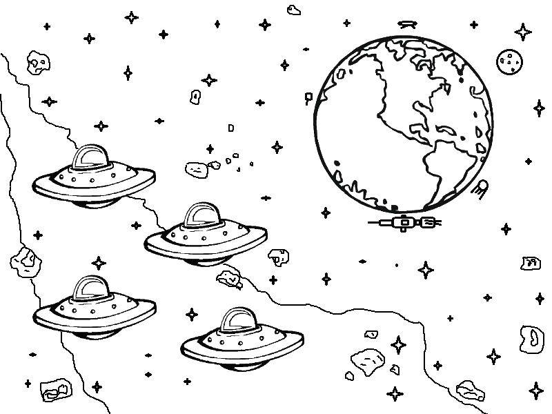 Раскраска Летающие тарелки летят на землю Скачать Космос, инопланетяне, звезды.  Распечатать ,космос,