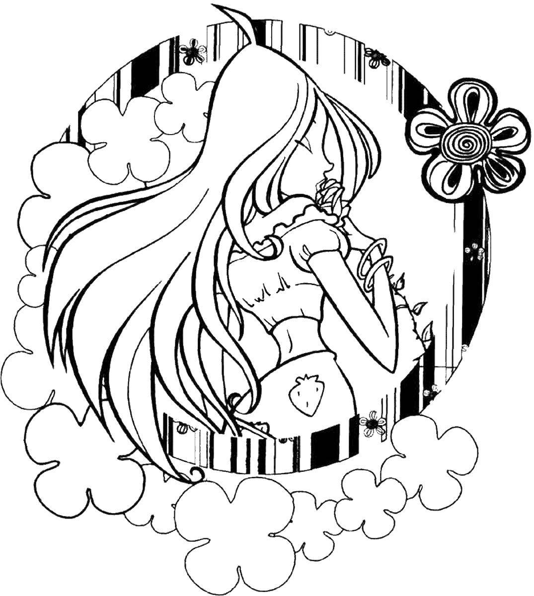 Раскраска Блум и цветки клевера Скачать Персонаж из мультфильма, Winx.  Распечатать ,Винкс,