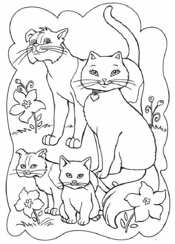 Раскраска Рисунок семейства кошем на лугу Скачать кошка, кот.  Распечатать ,домашние животные,