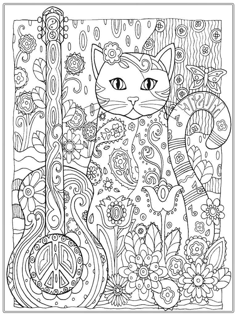 Раскраска Кошка с гитарой Скачать кошка, гитара.  Распечатать ,раскраски антистресс,
