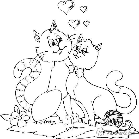 Раскраска Влюбленные котики Скачать День Святого Валентина, любовь, коты.  Распечатать ,день святого валентина,