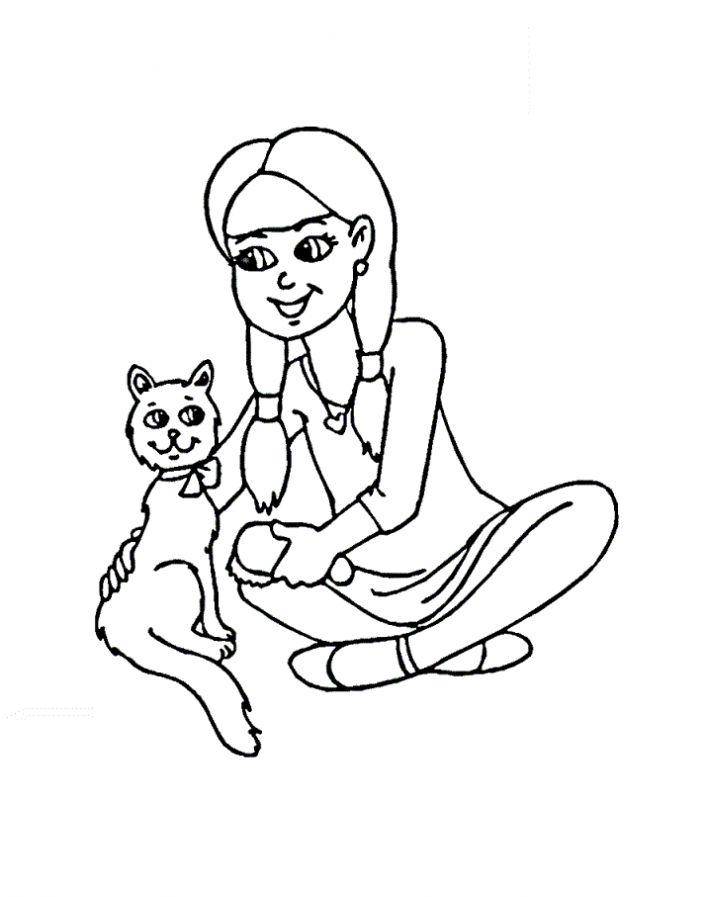 Раскраска Рисунок девочки играющей с котенком Скачать кошка, кот.  Распечатать ,домашние животные,