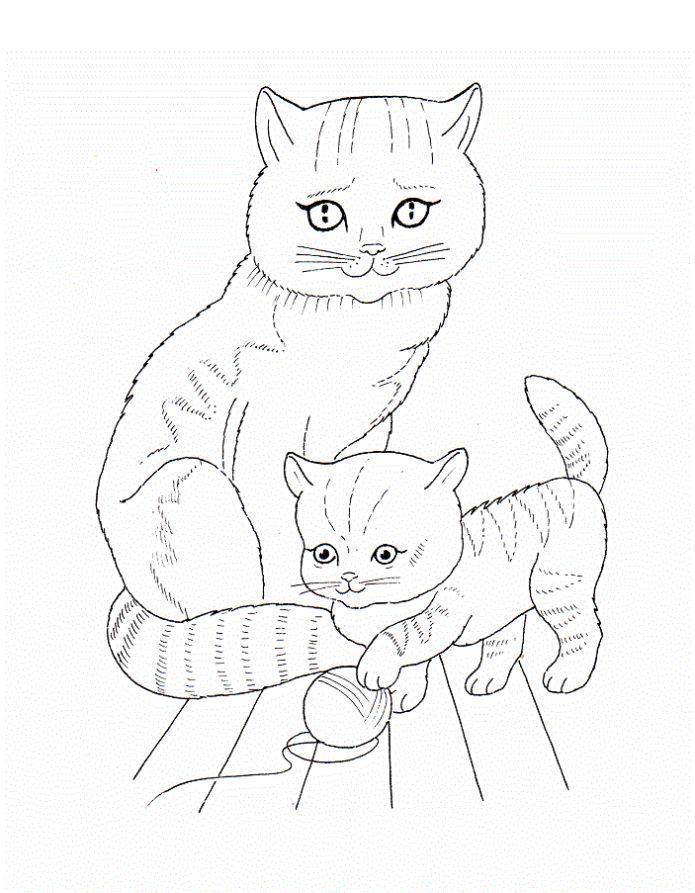 Раскраска Рисунок мамы  кошки и котенка Скачать кошка, кот.  Распечатать ,домашние животные,