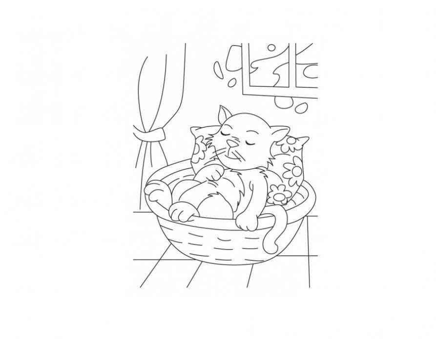 Раскраска Рисунок спящего кота Скачать кошка, кот.  Распечатать ,домашние животные,