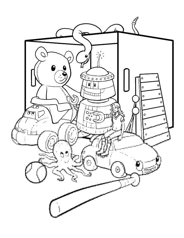 Раскраска Коробка с игрушками Скачать игрушки, бита, машина, мишка, робот.  Распечатать ,игрушки,