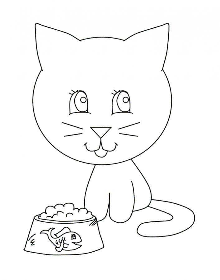 Раскраска Рисунок кушающего котика Скачать кошка, кот.  Распечатать ,домашние животные,