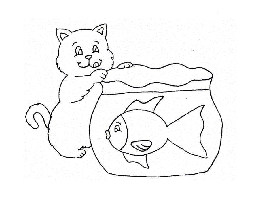 Раскраска Кошка играющая с рыбками Скачать кошка, кот.  Распечатать ,домашние животные,