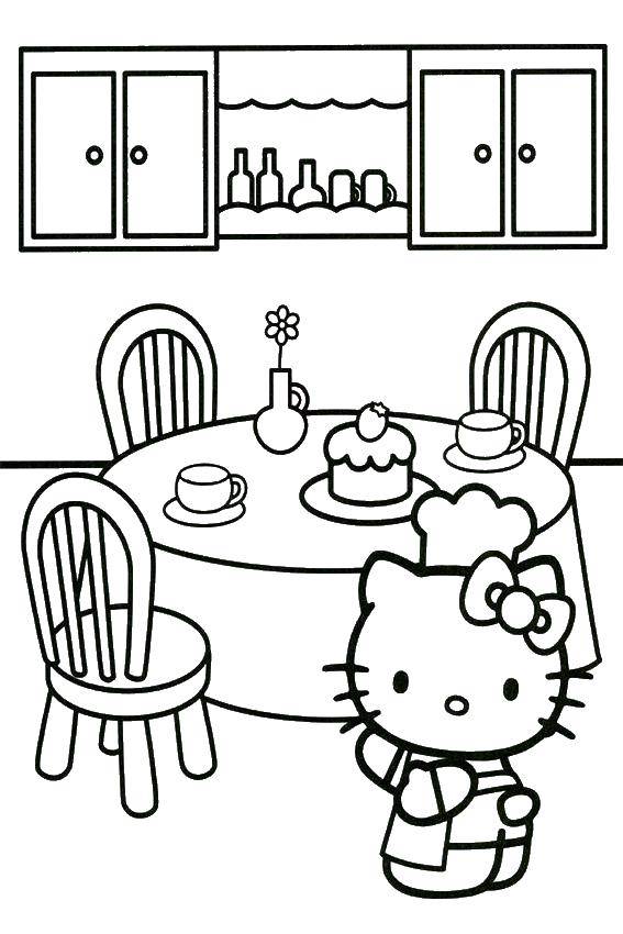 Раскраска Hello kitty и кухня Скачать Hello Kitty, стол, стулья, торт, фартук.  Распечатать ,Hello Kitty,