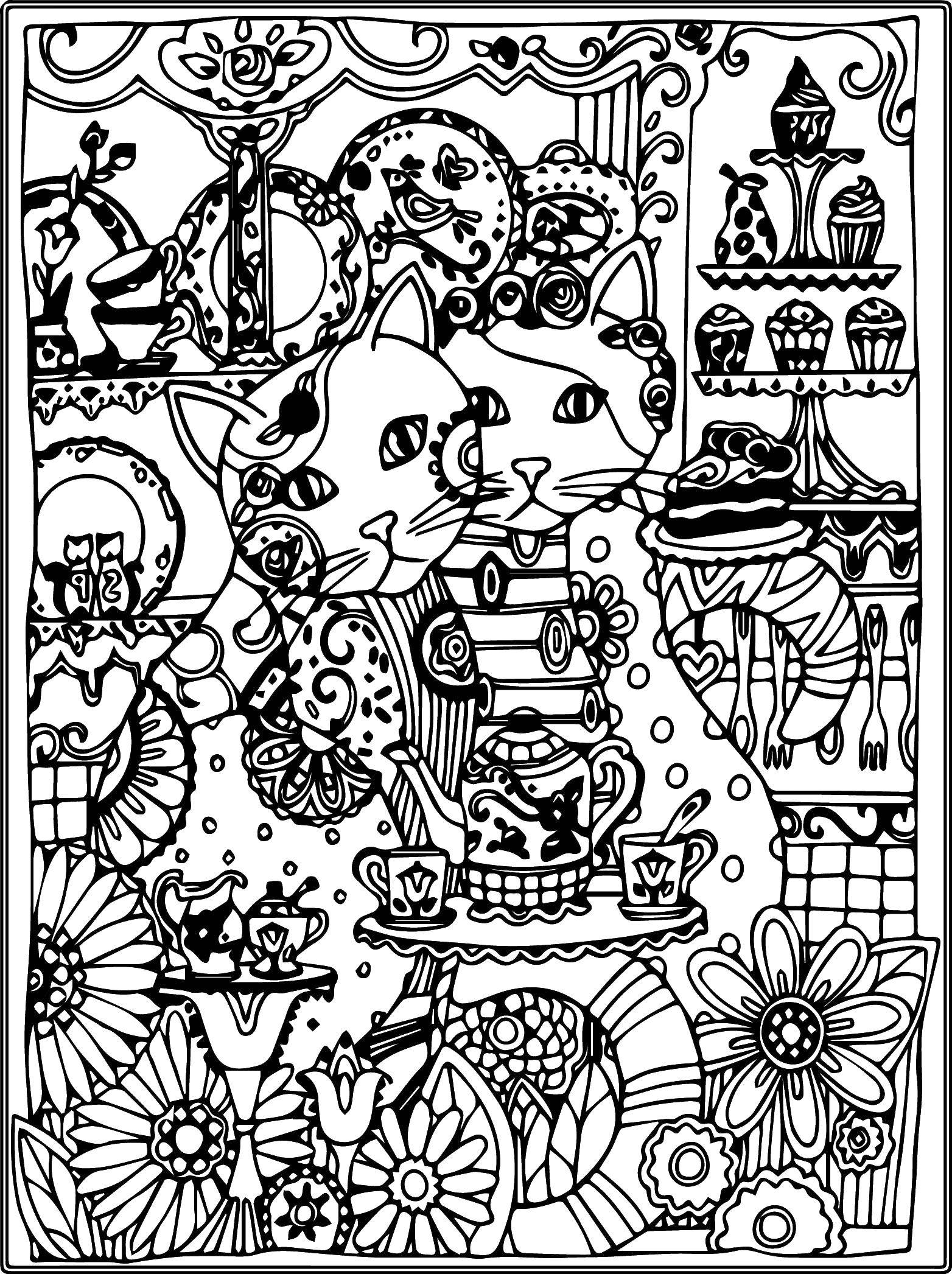 Раскраска Кошки в кондитерской Скачать кошки, чашки, кексы, чайник.  Распечатать ,Для подростков,