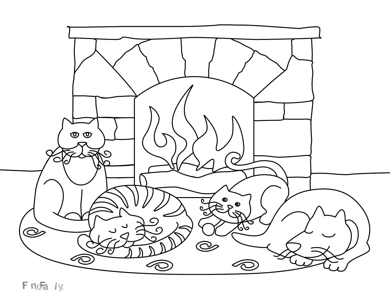 Раскраска Котики греются у камина Скачать Животные, котёнок.  Распечатать ,раскраски зима,