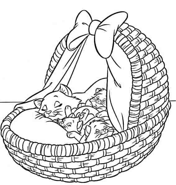 Раскраска Рисунок корзинка с котятами Скачать кошка, кот.  Распечатать ,домашние животные,