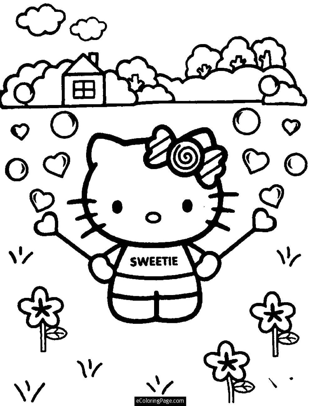 Раскраска Hello kitty и сердечки Скачать Hello Kitt, сердечки, пузыри, дом, деревья.  Распечатать ,Hello Kitty,