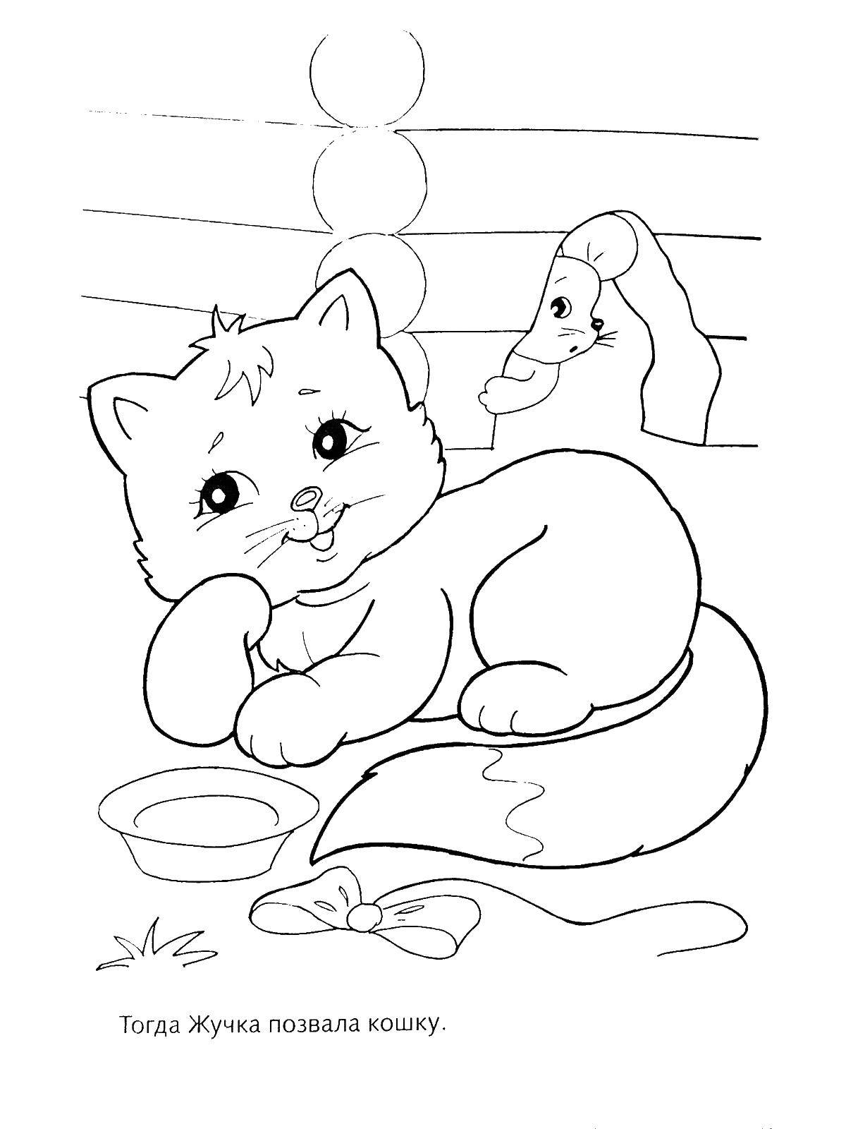 Раскраска Котенок и мышка Скачать котенок, мышка, миска, норка.  Распечатать ,котики,
