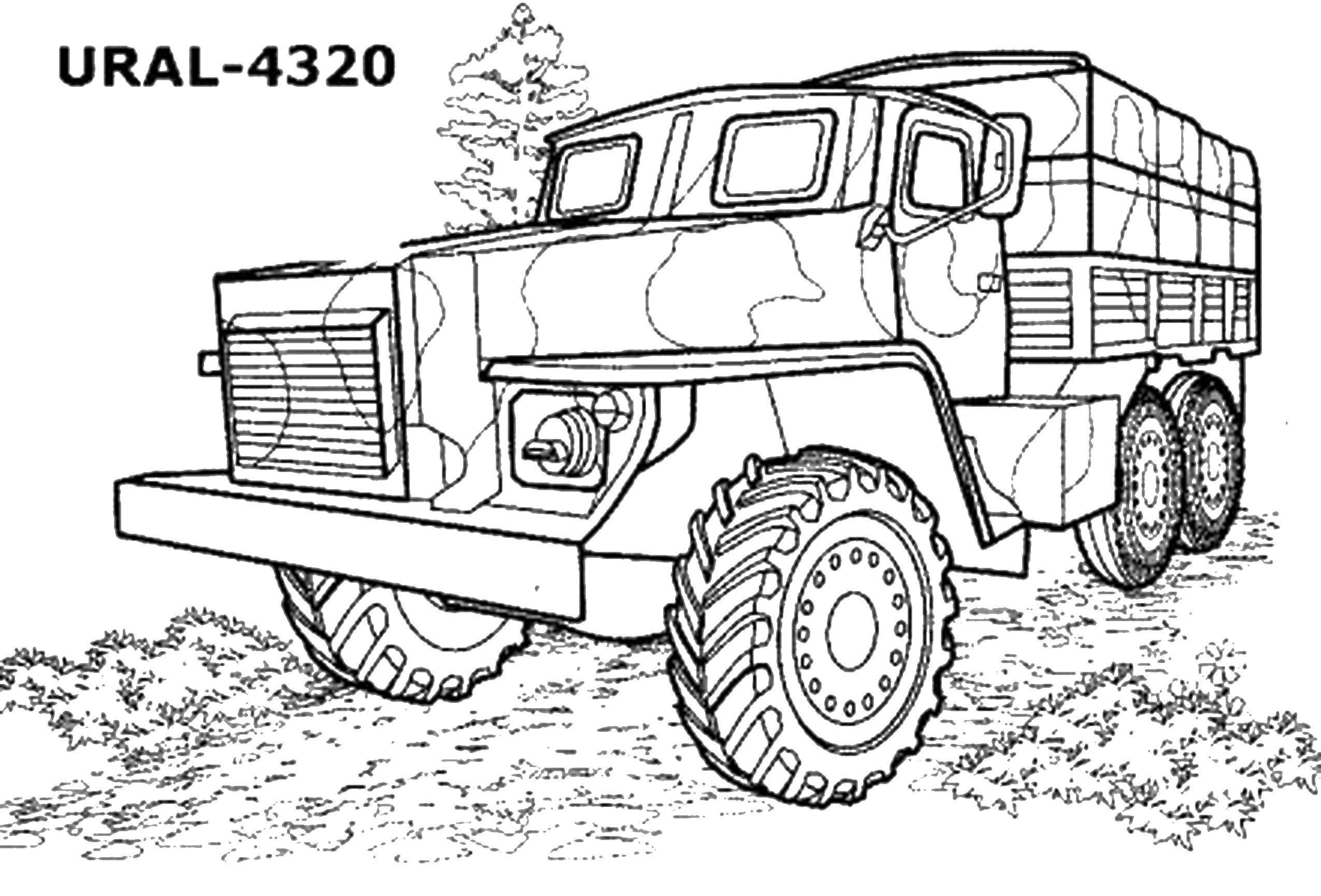 Раскраска Урал-4320 Скачать машины, транспорт, мальчики, урал.  Распечатать ,Для мальчиков,