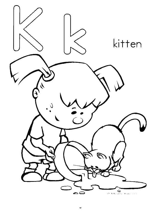 Раскраска Девочка кормит кошку Скачать алфавит, английский.  Распечатать ,Английский алфавит,