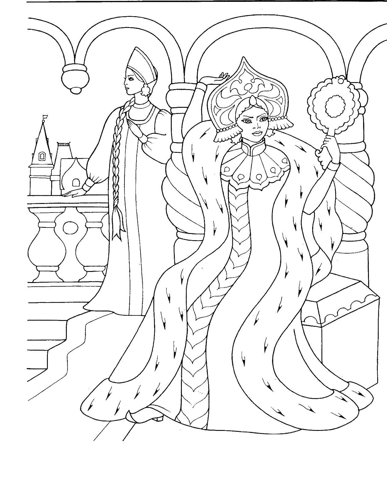 Раскраска Царицы у окна Скачать царевна, богатыри.  Распечатать ,Сказки,