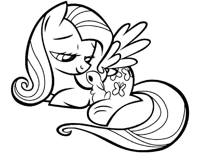 Раскраска Пони из  my little pony  с зайчиком Скачать Пони,  My little pony .  Распечатать ,Пони,