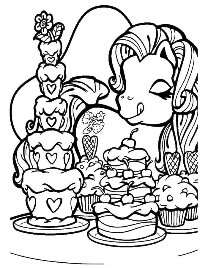 Раскраска Пони из my little pony  с тортиками Скачать Пони, "My little pony".  Распечатать ,мой маленький пони,