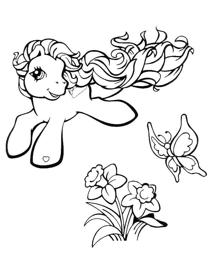 Раскраска Пони из my little pony  с цветочками Скачать Пони, "My little pony".  Распечатать ,мой маленький пони,