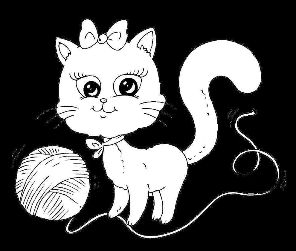 Раскраска Котенок играет с клубком Скачать животные.  Распечатать ,домашние животные,