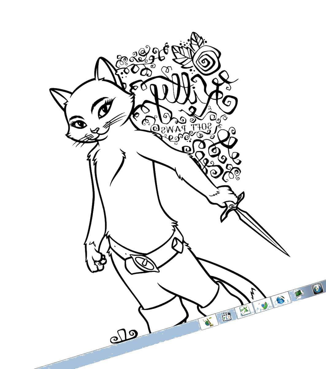 Раскраска Кошечка в сапогах Скачать кот, кошка.  Распечатать ,кот в сапогах из шрека,