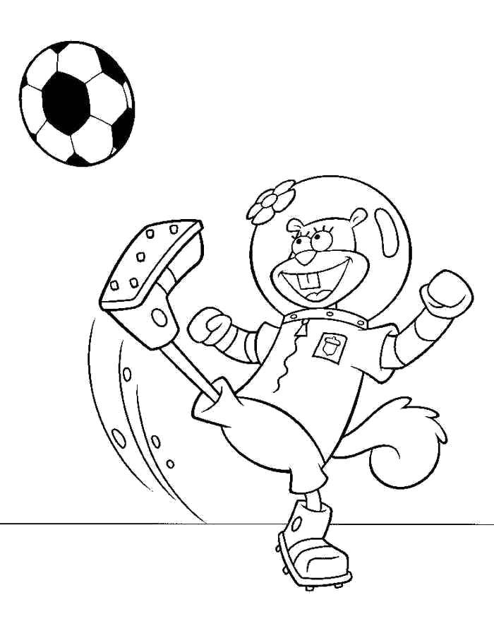 Раскраска Сенди играет в футбол Скачать Персонаж из мультфильма, Спанч Боб, Губка Боб, Патрик, Сенди.  Распечатать ,Спанч Боб,