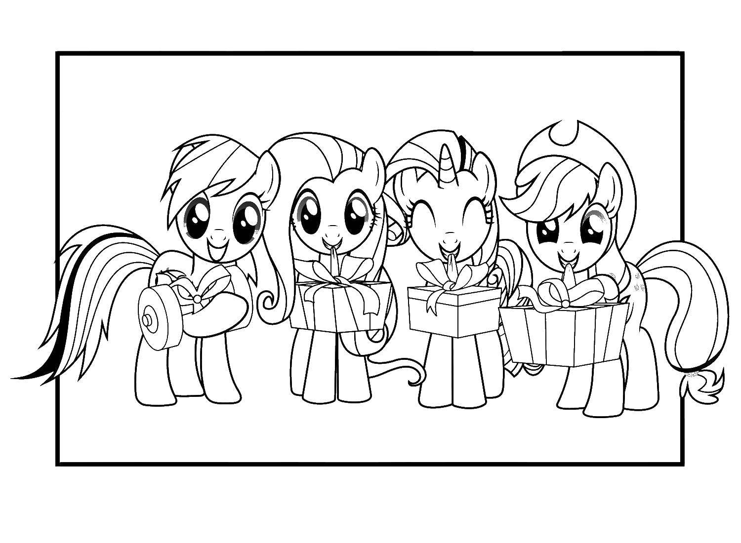 Раскраска Пони из my little pony  с подарочками Скачать Подарки, праздник, Пони.  Распечатать ,подарки,