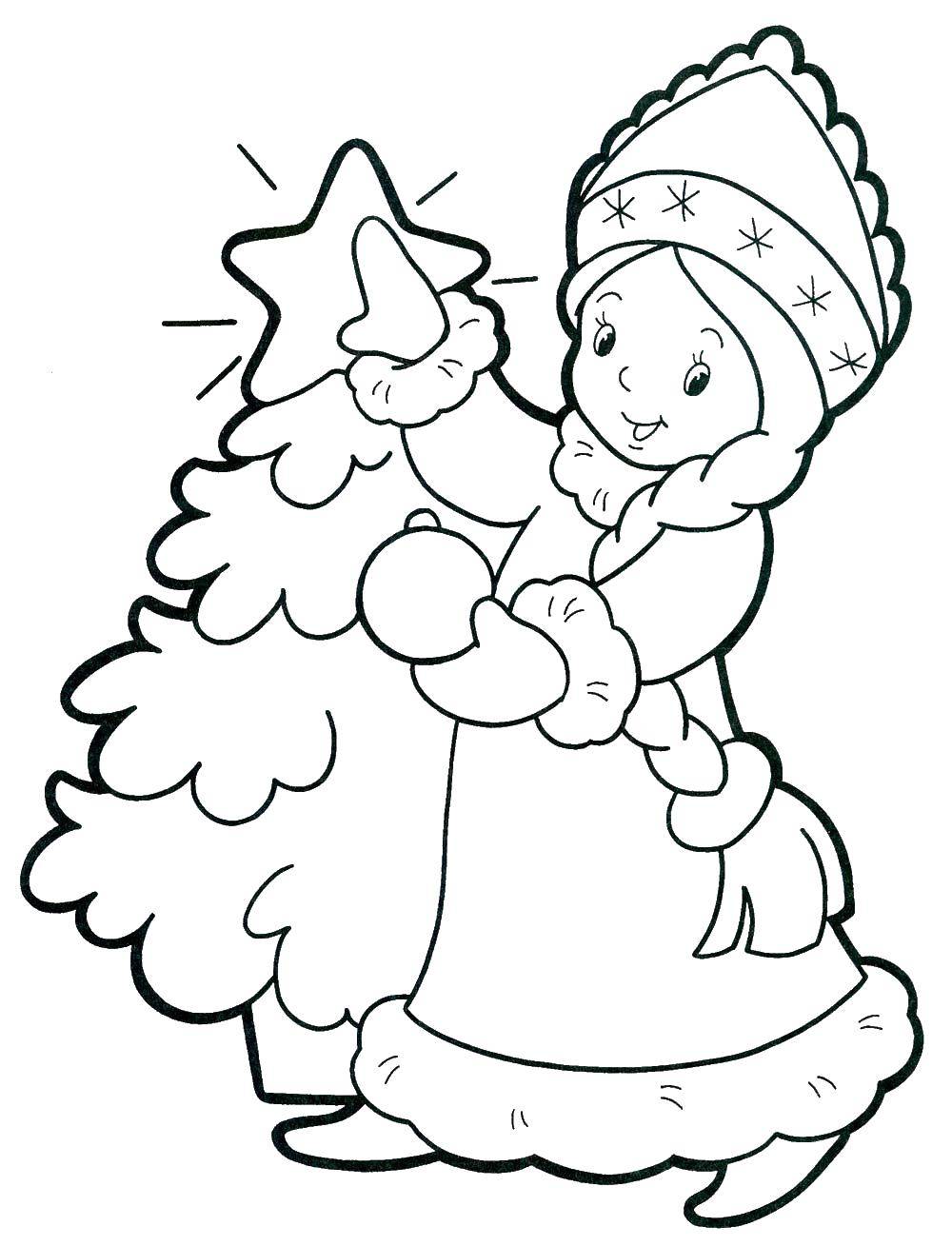 Раскраска Снегурочка наряжает елку Скачать снегурочка.  Распечатать ,новый год,
