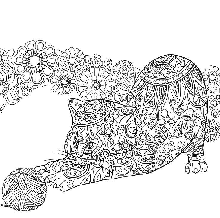Раскраска Кошка и клубок Скачать узоры, фигуры, антистресс, кошка.  Распечатать ,раскраски антистресс,