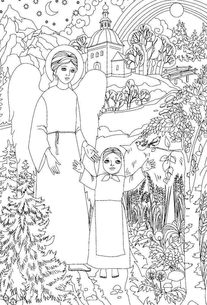 Раскраска Девочка и ангел Скачать девочка, ангел.  Распечатать ,масленица,