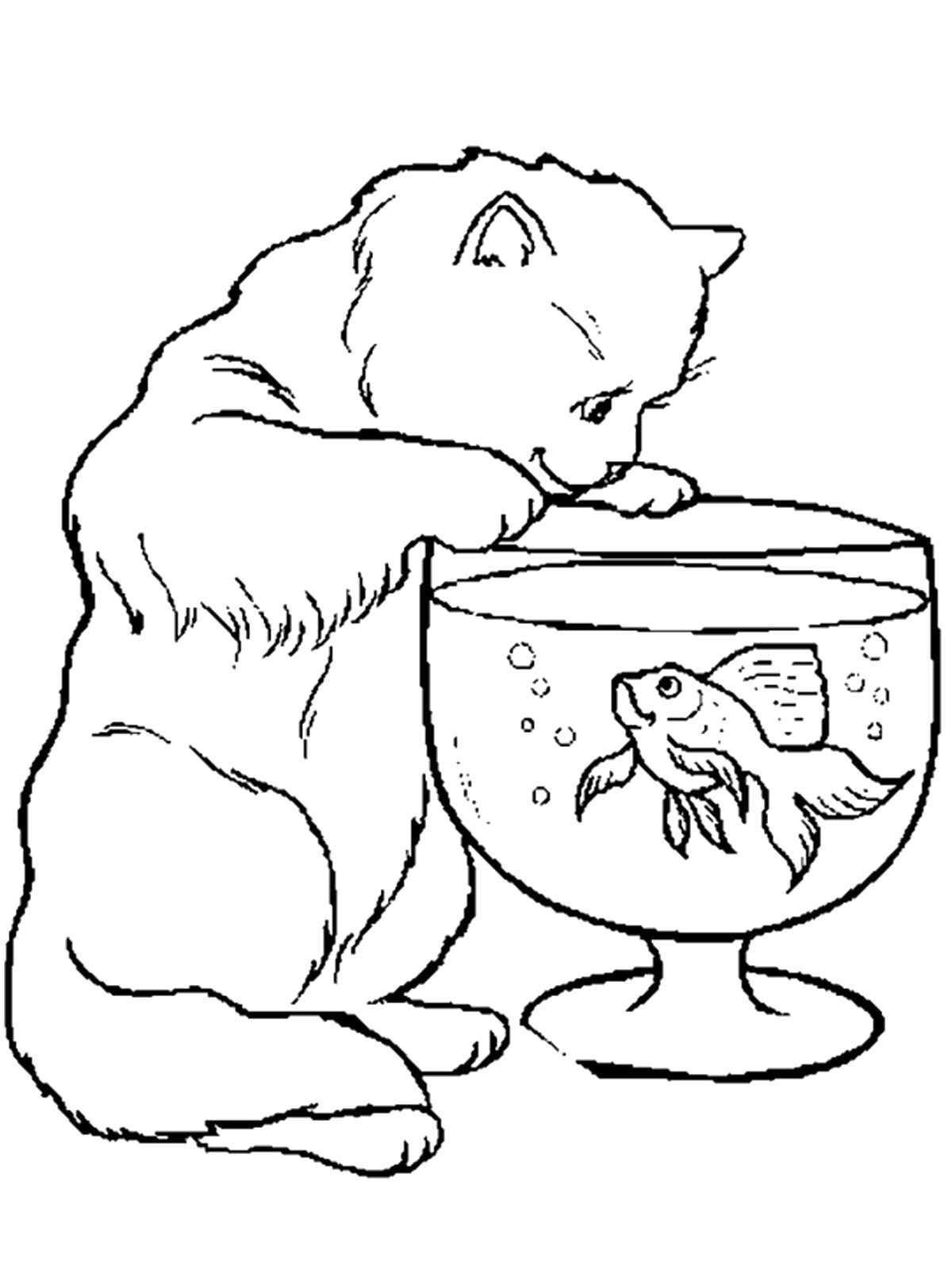 Раскраска Кошка с рыбкой в аквариуме Скачать кошка, аквариум, рыба.  Распечатать ,домашние животные,