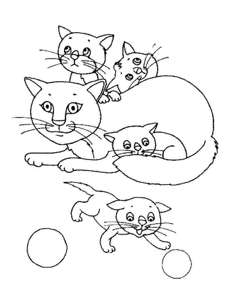 Раскраска Кошка с тремя игривыми котятами Скачать кошка, котята, клубок.  Распечатать ,домашние животные,