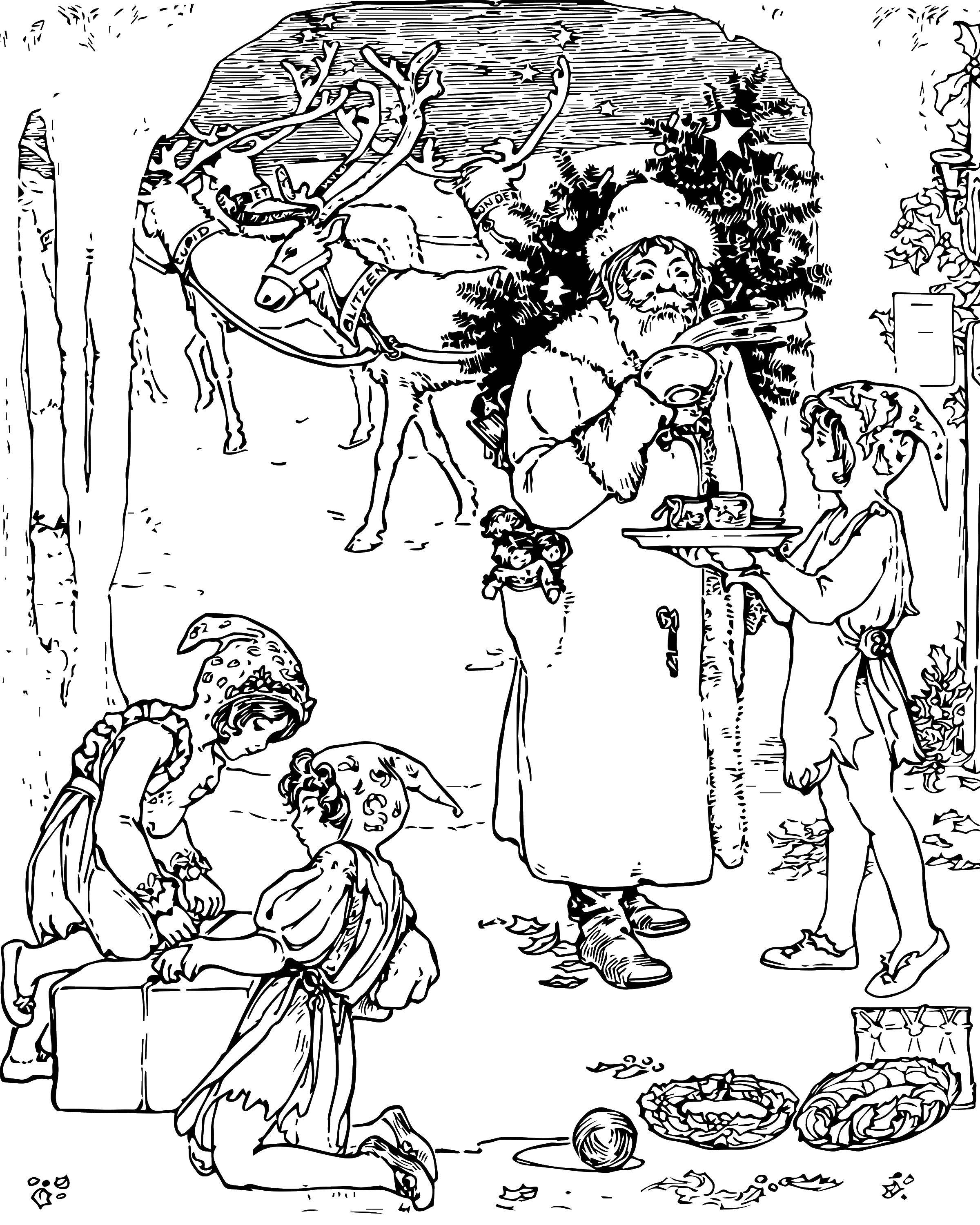 Раскраска Санта клаус и эльфы Скачать санта, эльфы, олени.  Распечатать ,рождество,