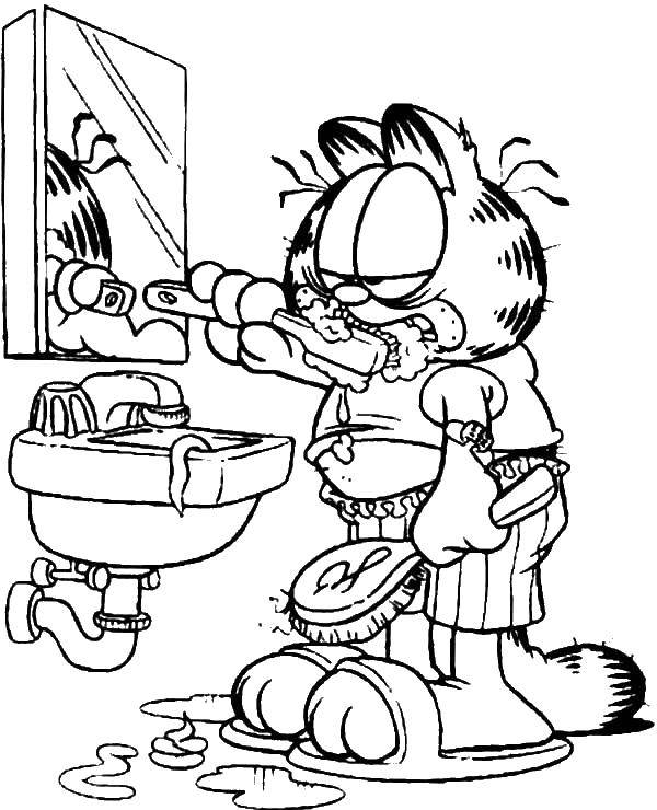 Раскраска Гарфилд чистит зубы Скачать Гарфильд, мультфильмы, зубы.  Распечатать ,Уход за зубами,