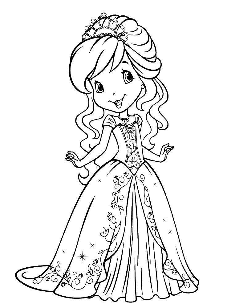 Раскраска Маленькая принцесса в пышном платье Скачать девочка, кукла, принцесса, платье.  Распечатать ,раскраски для девочек,