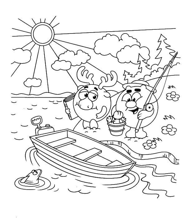 Раскраска Лосяш и копатыч у воды Скачать Смешарики, Лосяш, Копатыч.  Распечатать ,смешарики,