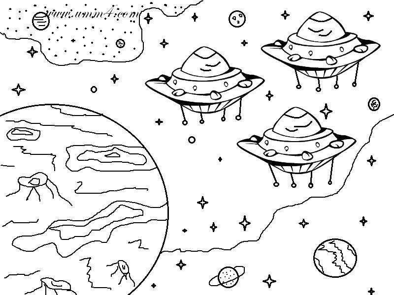 Раскраска Летающие тарелки летят на землю. Скачать Космос, ракета, звезды.  Распечатать ,космос,