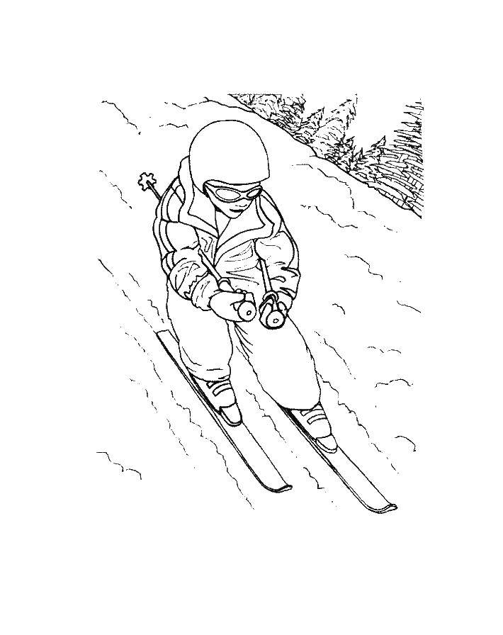 Раскраска Лыжник катится с горы Скачать лыжв.  Распечатать ,спорт,