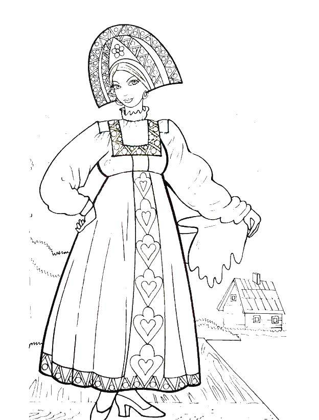 Раскраска Русская девушка Скачать Россия, девушка, кокошник.  Распечатать ,россия,