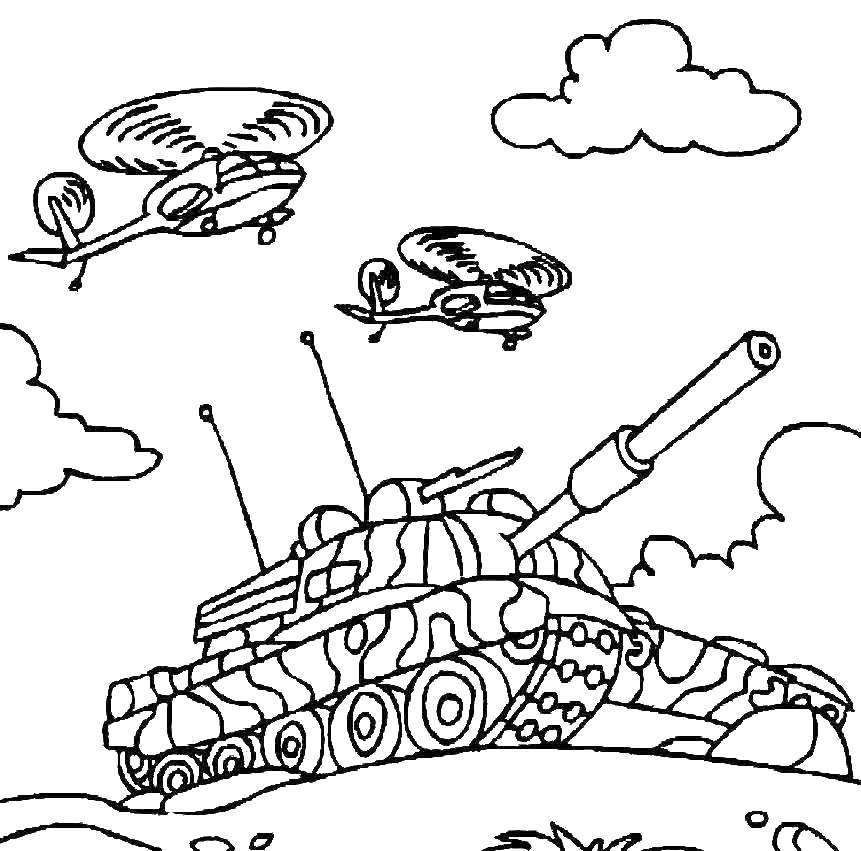 Название: Раскраска Танк и вертолеты. Категория: танки. Теги: Танк, транспорт, техника, вертолеты.