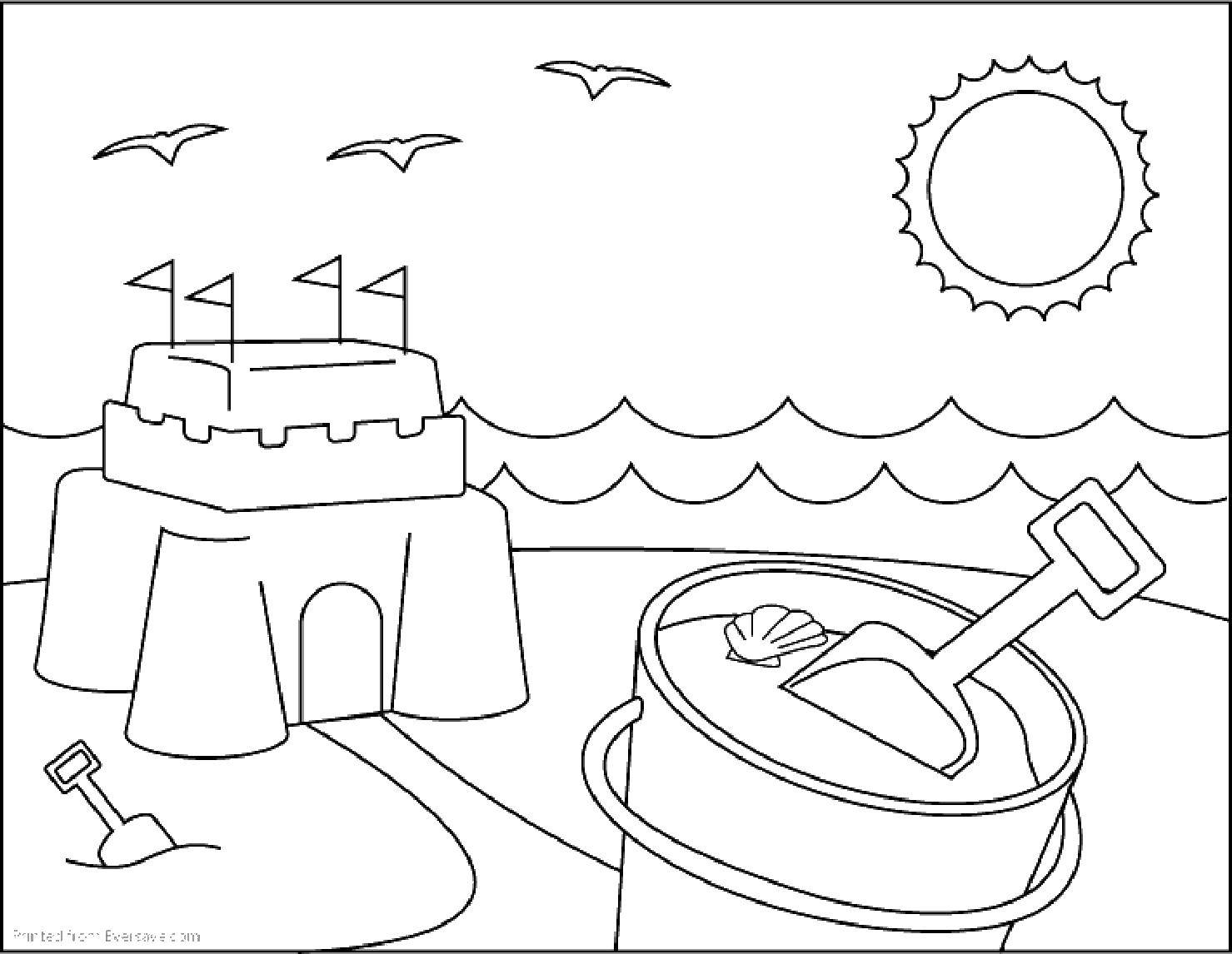 Раскраска Солнце нагрело пляж Скачать ,Пляж, замок из песка, ведро,.  Распечатать 