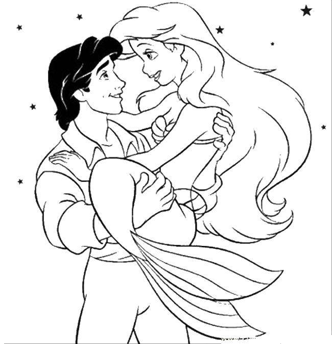Раскраска Русалка ариэль со своим принцем Скачать ,русалка, принцесса, Ариэль,.  Распечатать 