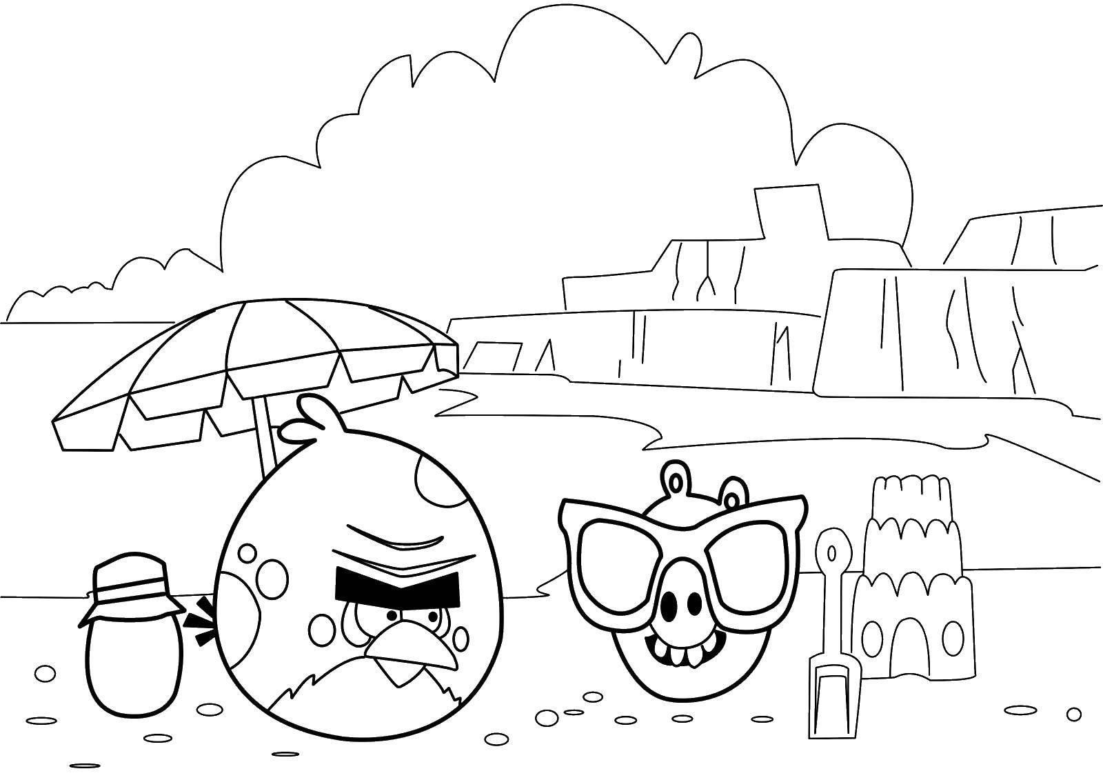 Раскраска Птичка и свинка на пляже Скачать ,Игры, Angry Birds ,.  Распечатать 