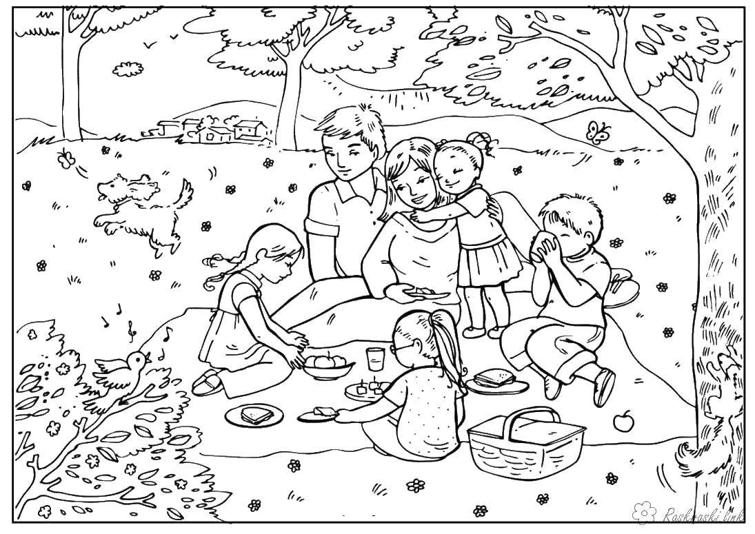 Раскраска Семья на пикнике Скачать ,семья, отдых, дети, пикник,.  Распечатать 