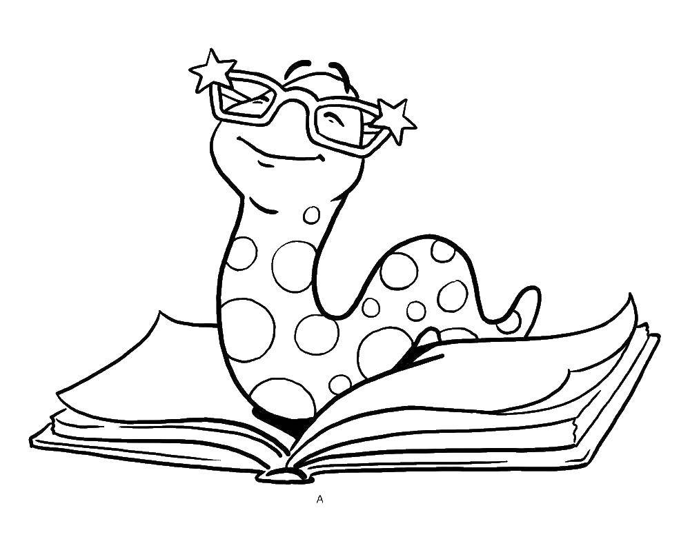 Раскраска Змея читает книгу Скачать ,змея, книга,.  Распечатать 