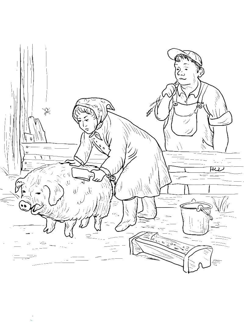 Раскраска Деревня Скачать ,деревня, люди, скот,.  Распечатать 