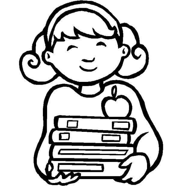 Раскраска Девочка со стопкой книг и яблоком Скачать ,девочка, книги,.  Распечатать 