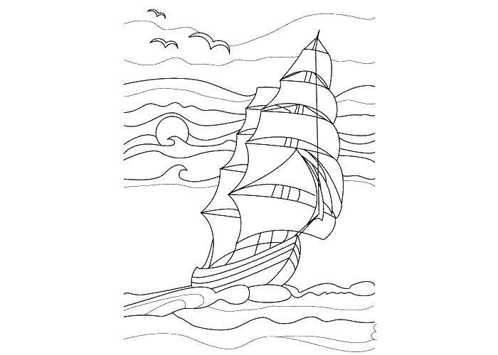 Раскраска Корабль в море Скачать ,корабли, море, океан,.  Распечатать 