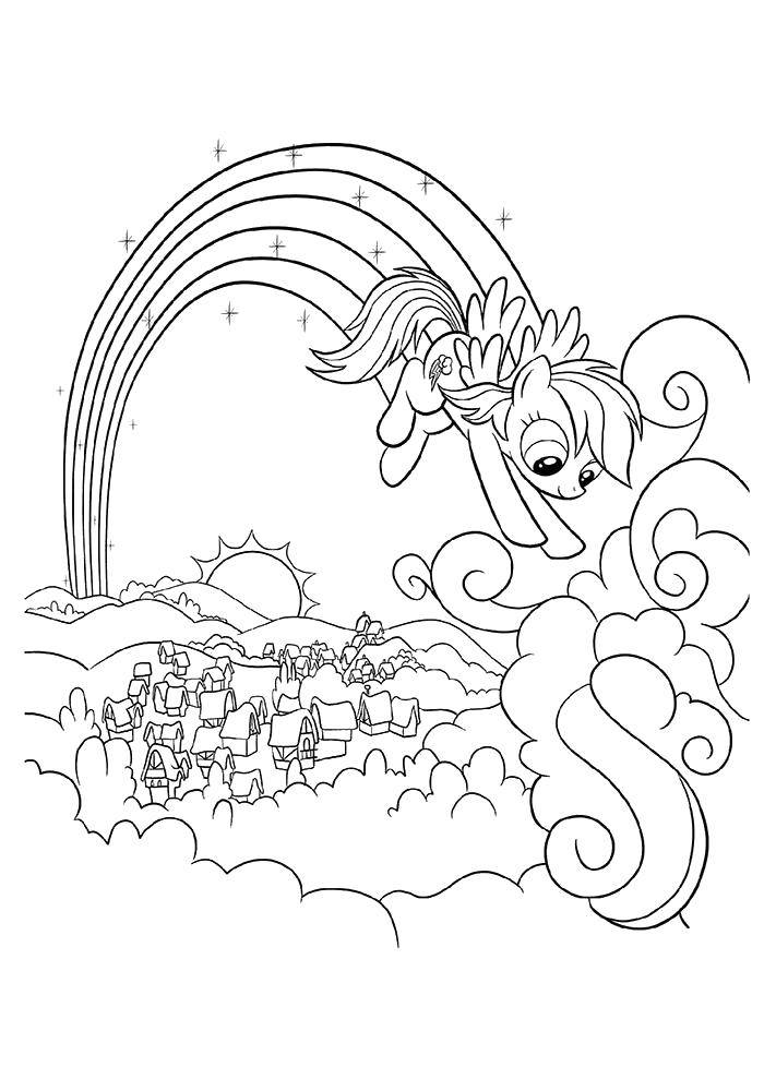 Название: Раскраска Пони летает по радуге. Категория: Пони. Теги: Пони, My little pony .
